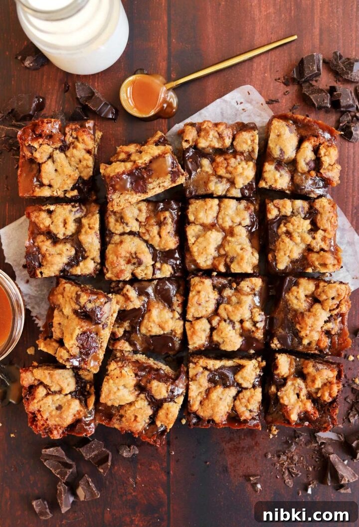 Salted Caramel Oatmeal Chocolate Chip Cookie Bars Recipe 4 caramel oatmeal chocolate chip cookie bars sliced