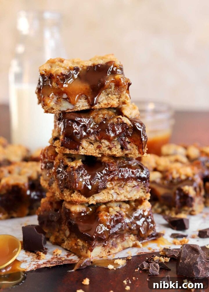 Salted Caramel Oatmeal Chocolate Chip Cookie Bars Recipe 7 caramel oatmeal chocolate chip cookie bars stacked