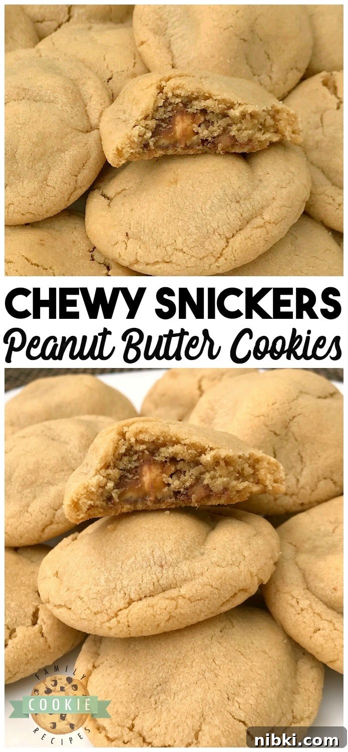 Chewy Snickers Peanut Butter Cookies Recipe 11 Snickers Peanut Butter Cookies take an already incredible soft and delicious peanut butter cookie recipe, and add a Snickers surprise in the middle! #Snickers #PeanutButter #Cookies #Baking #Dessert #food