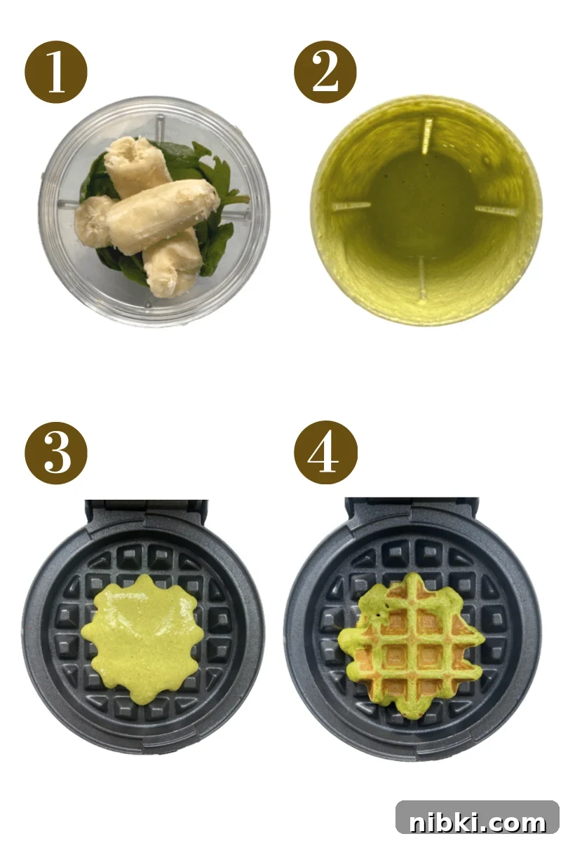 Fluffy Spinach and Banana Waffles Recipe 3 Steps for making spinach banana waffles. Specific provided in recipe card.