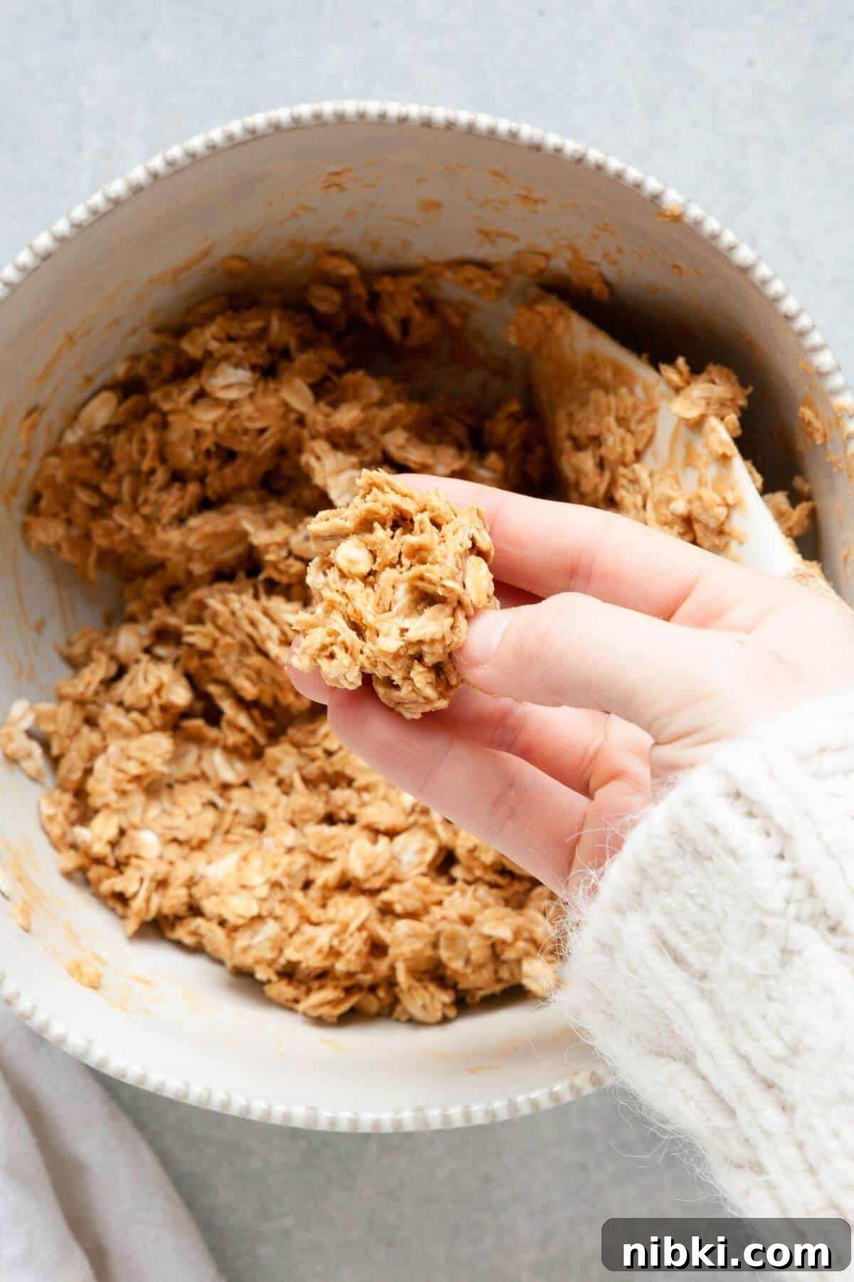 No-Bake Peanut Butter Oatmeal Protein Bites 5 peanut butter oatmeal ball mixture in a bowl