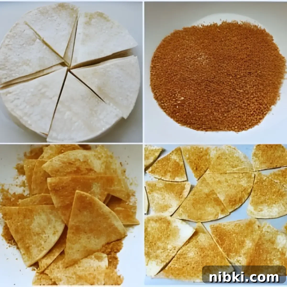 Process collage showing tortilla wedges, spice mix, coated wedges, and chips arranged on a tray.