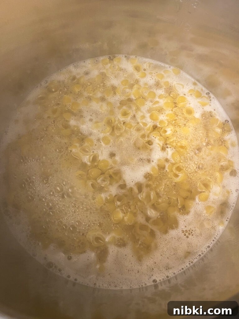 Creamy Instant Pot Mac and Cheese with Velveeta 5 Pasta in chicken broth in pressure cooker