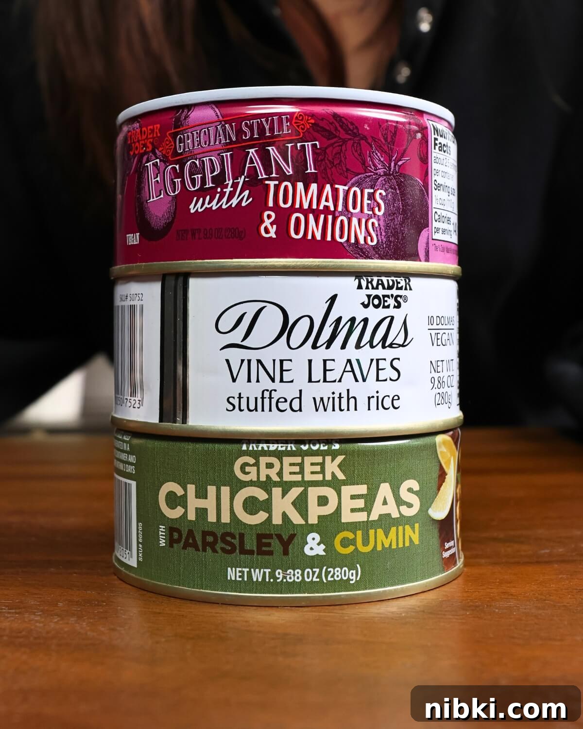 Pantry Organization Ideas and Trader Joe's Greek Food Taste Test 2 Picture of Trader Joe's canned Greek eggplant with tomatoes, stuffed grape leaves, and Greek chickpeas with cumin.