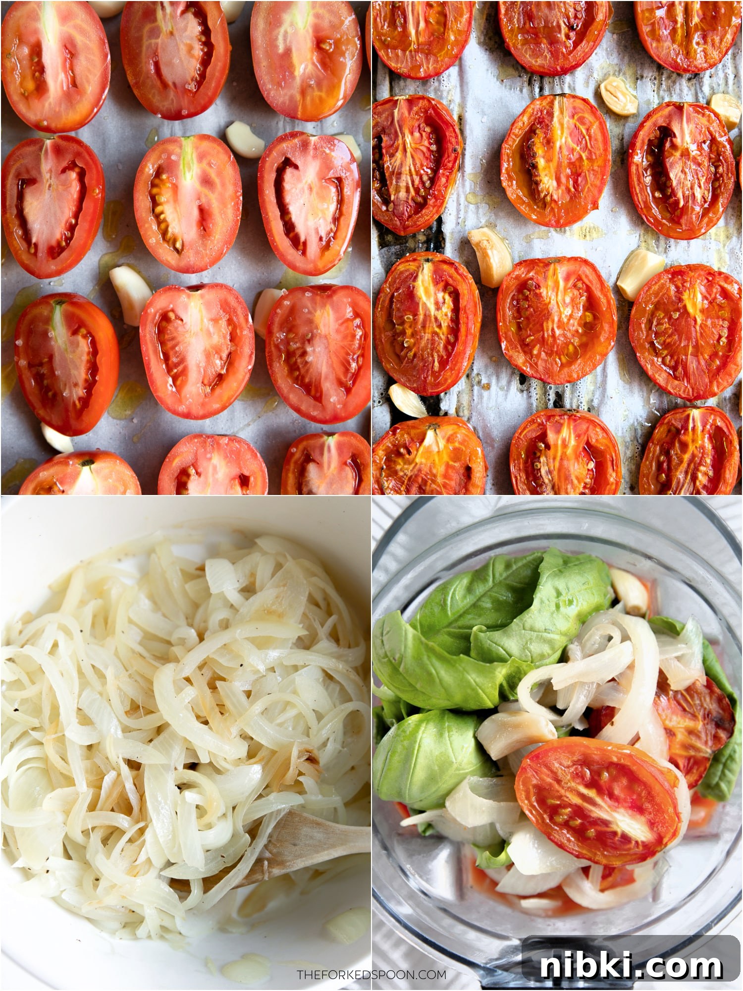 Collage of four images showing the steps in making Tomato Basil Soup Recipe