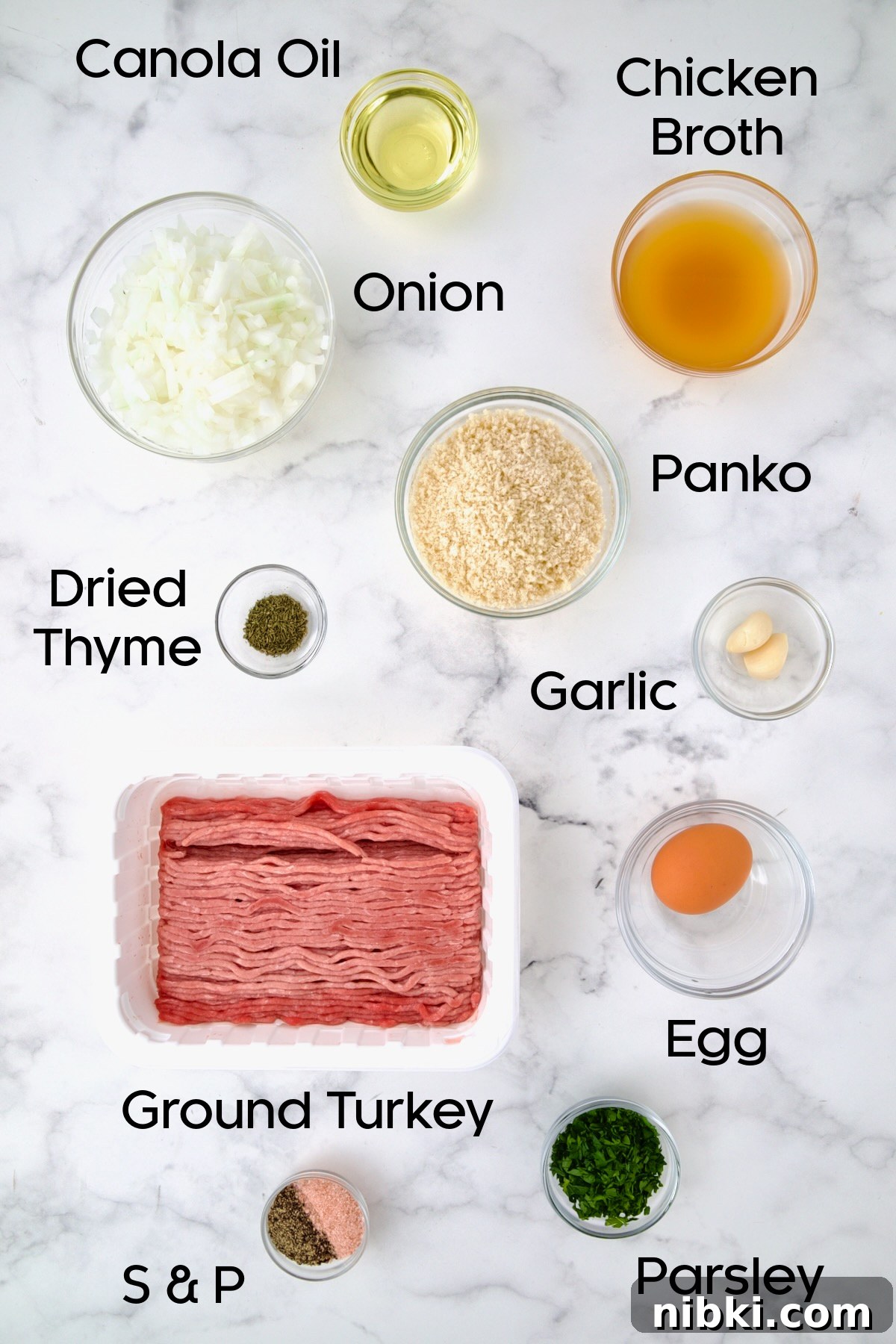 Oven-Baked Turkey Meatballs with Beer Glaze 3 Ingredients for turkey meatballs in glass bowls.