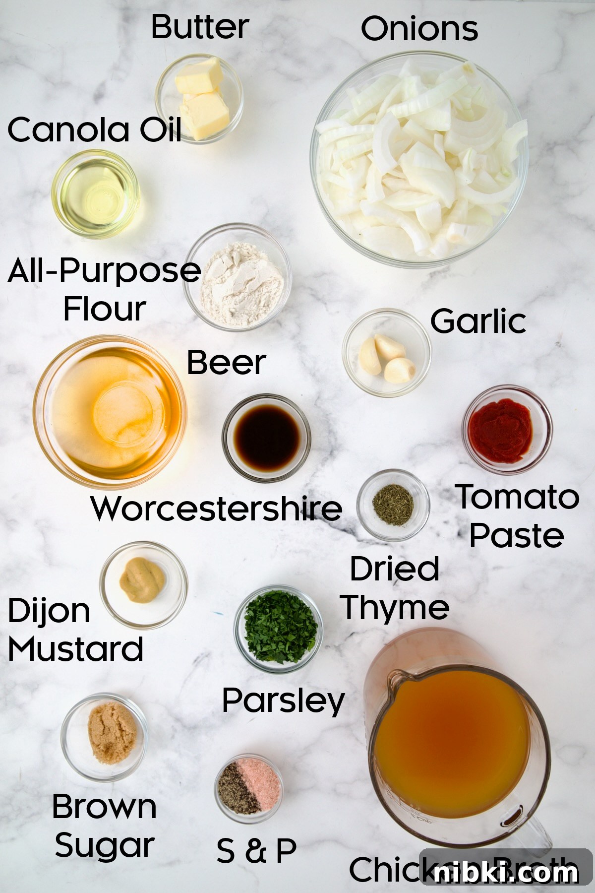 Oven-Baked Turkey Meatballs with Beer Glaze 4 Ingredients for Beer Onion Sauce in glass bowls.