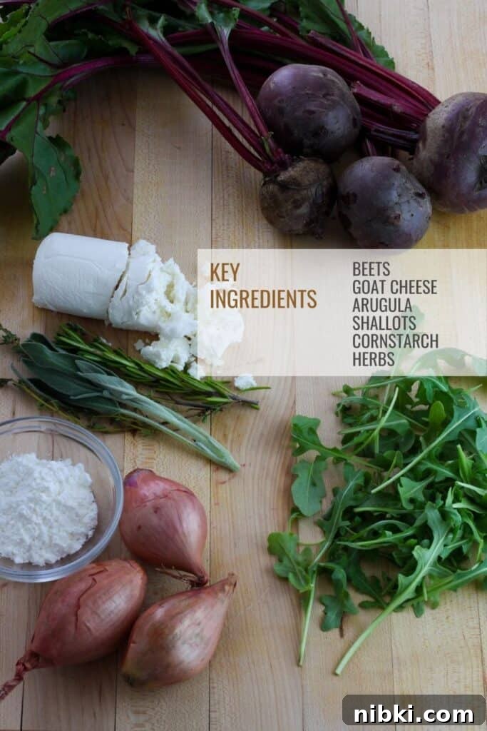 Cutting board with whole purple beets, arugula, shallots, herbs, goat cheese and a small bowl of cornstarch.