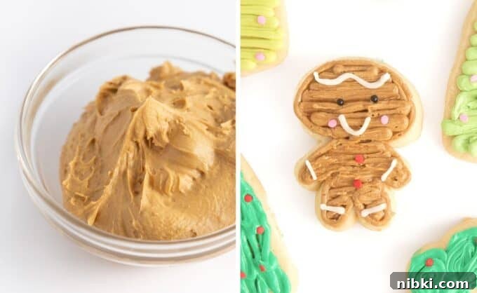 Christmas Cookie Frosting Recipes and Decorating Tips 11 Bowl of brown frosting next to gingerbread man sugar cookie