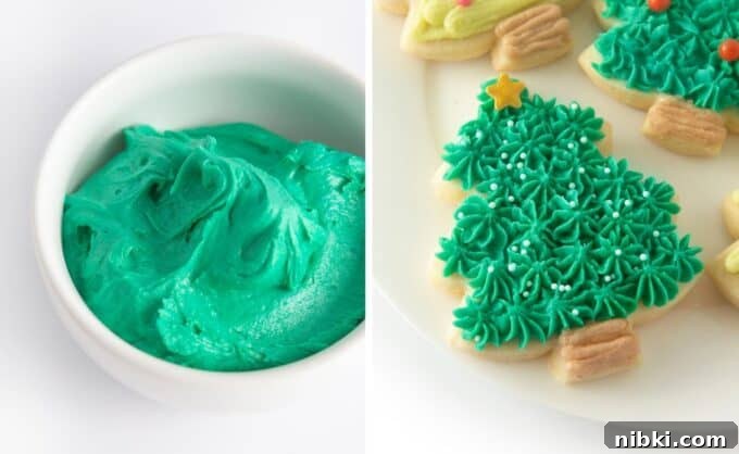 Christmas Cookie Frosting Recipes and Decorating Tips 7 Bowl of emerald green frosting next to plate of green christmas tree sugar cookies