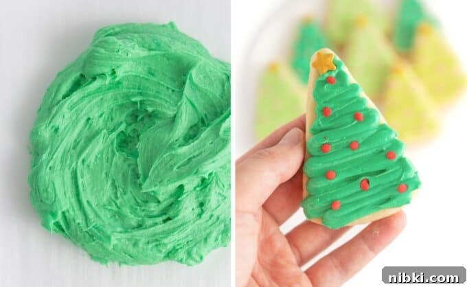 Christmas Cookie Frosting Recipes and Decorating Tips 8 Bowl of green frosting next to hand holding green christmas tree sugar cookie