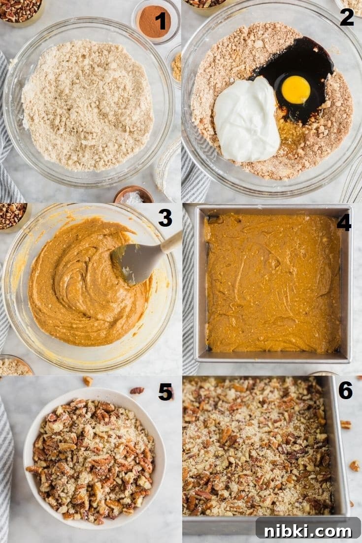 a collage of six photos showing the steps how to make gingerbread coffee cake