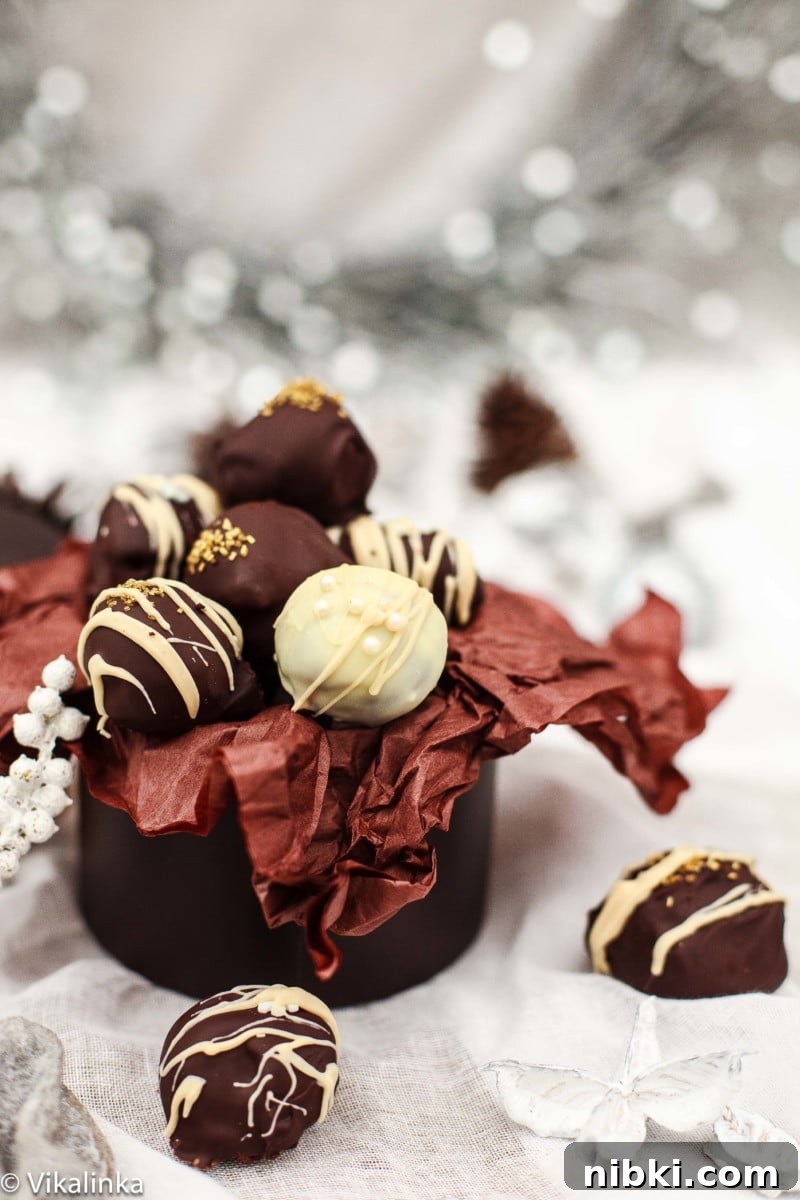 Close-up of Baileys truffles in a brown pot