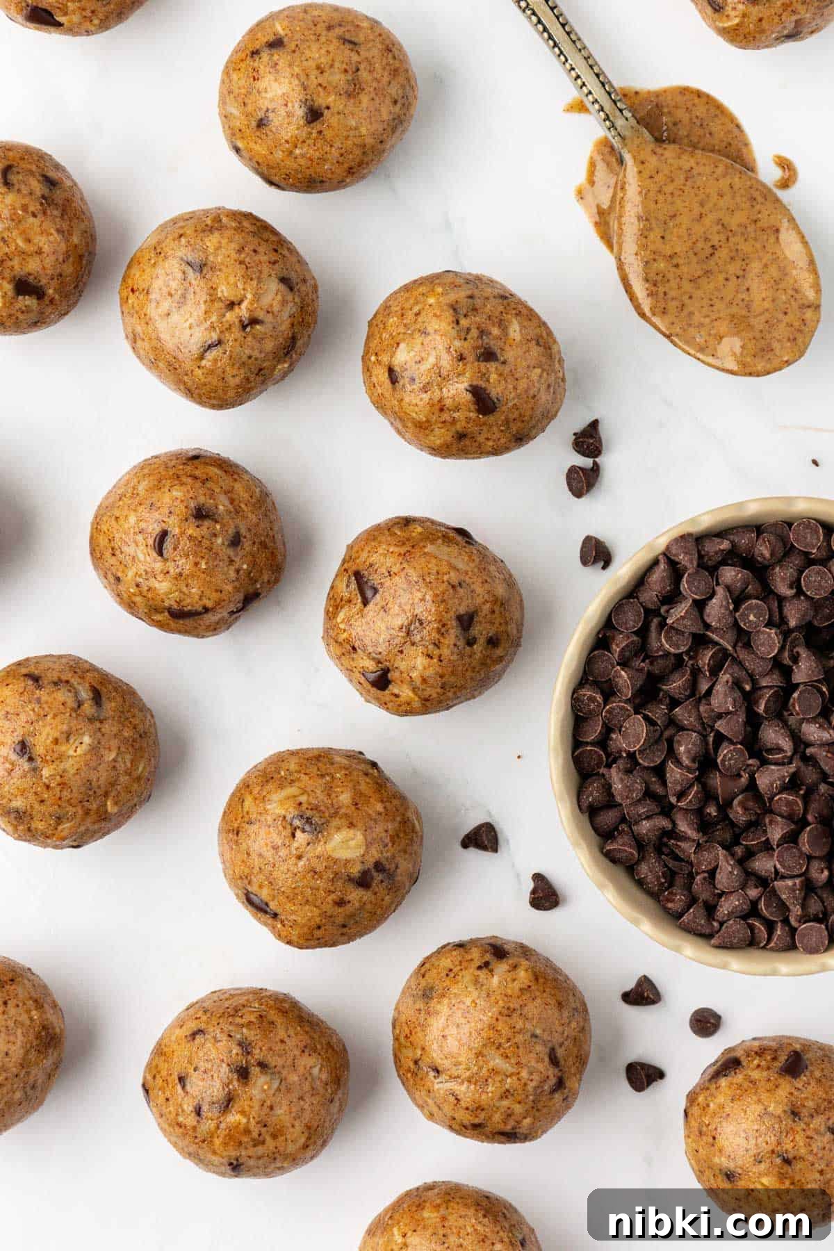 almond butter protein balls with oats and chocolate chips
