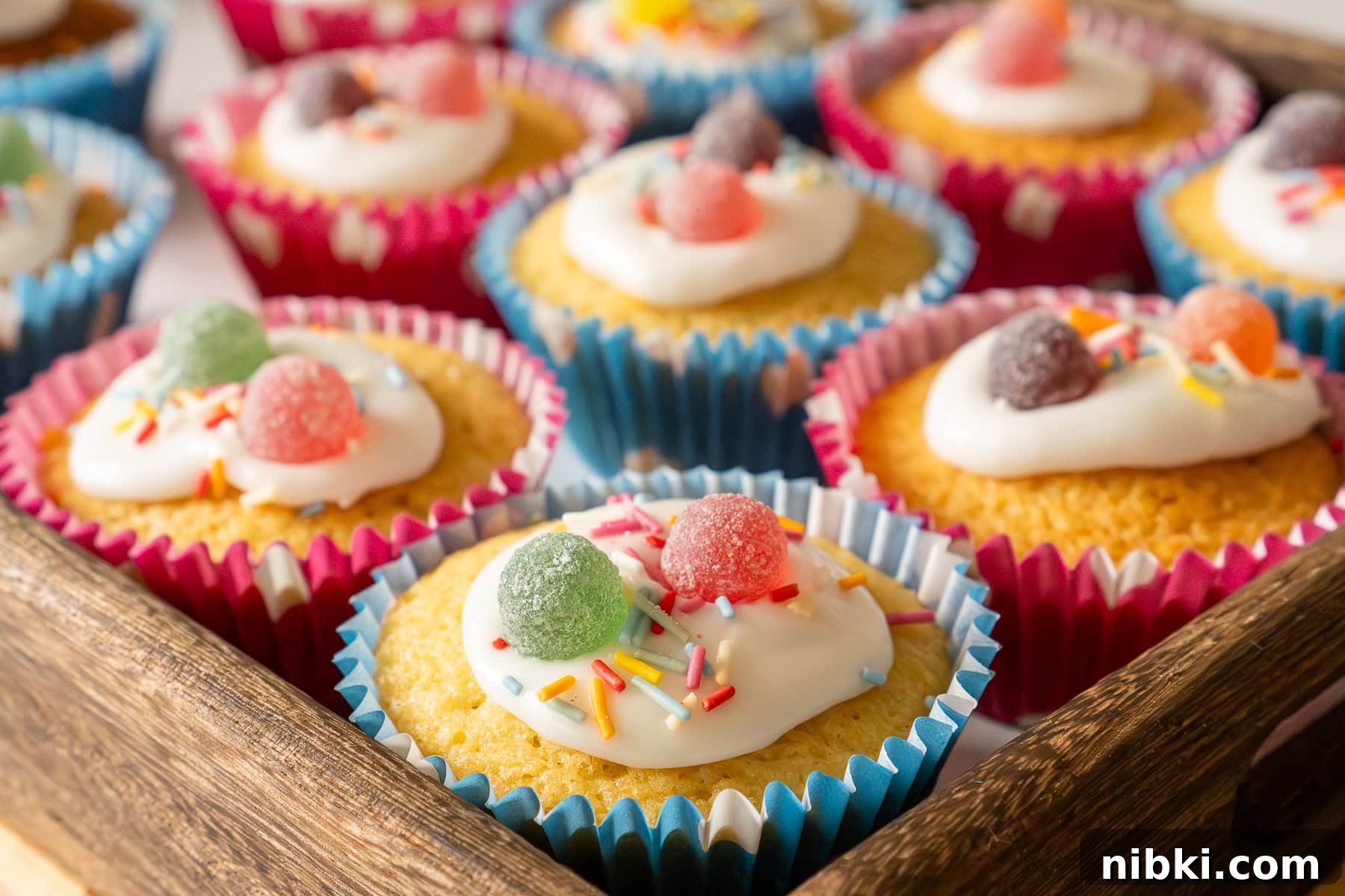 Fairy cakes coated in icing, sprinkles and sweets