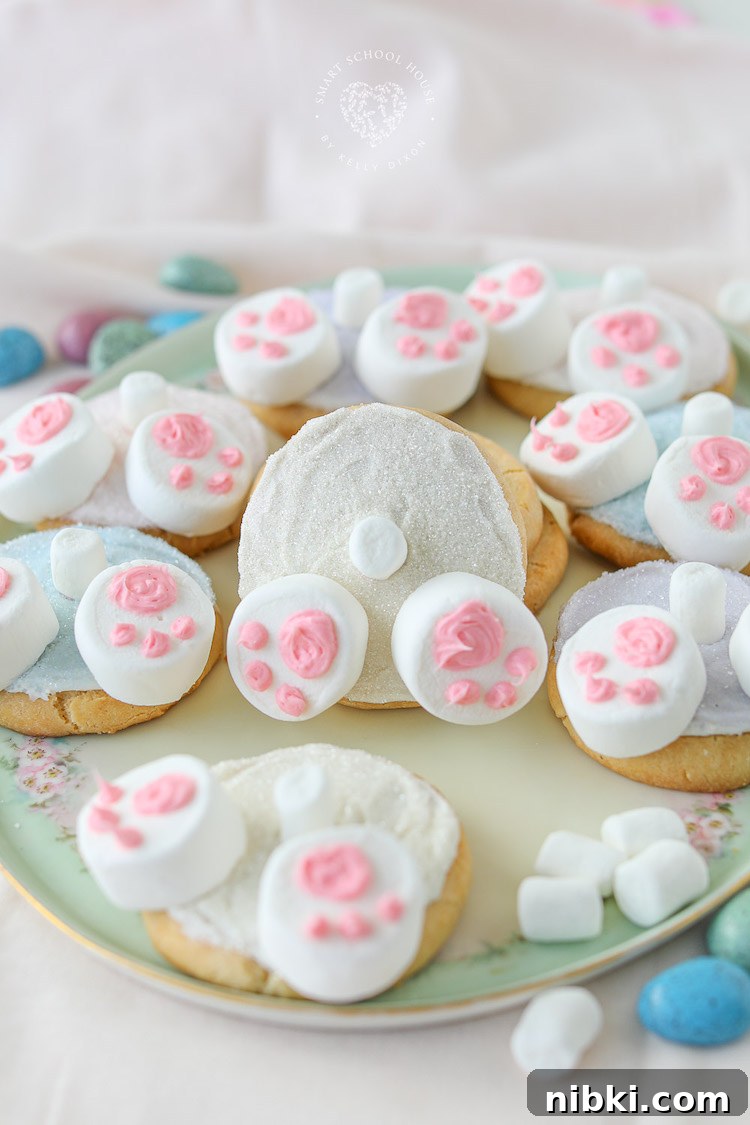 Bunny Butt Cookies are frosted Easter cookies that feature little bunny paws made with marshmallows and a little white marshmallow tail.