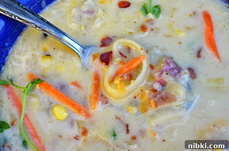 Creamy Potato and Leek Chowder Recipe 3 A close up of a bowl of chowder.