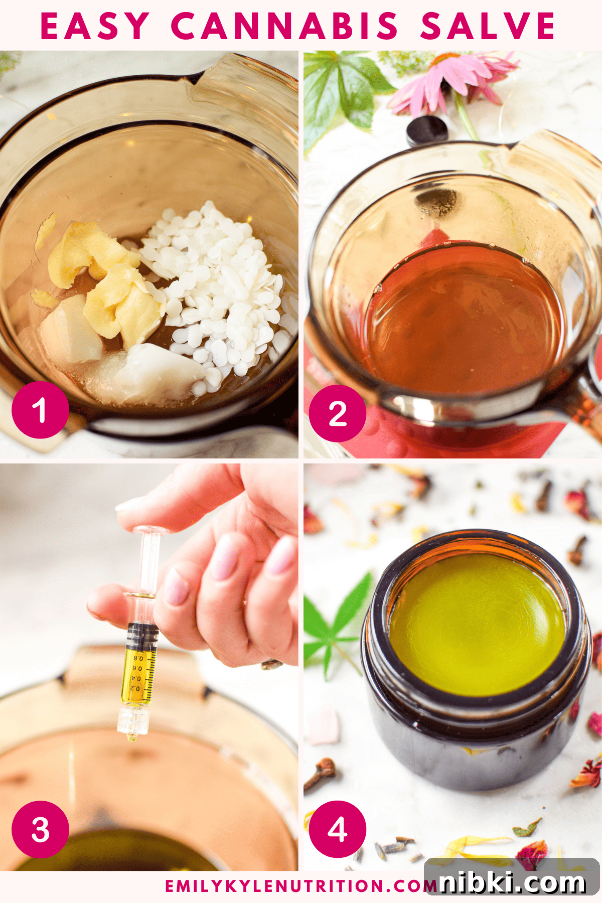A four step image collage showing how to make cannabis salve.