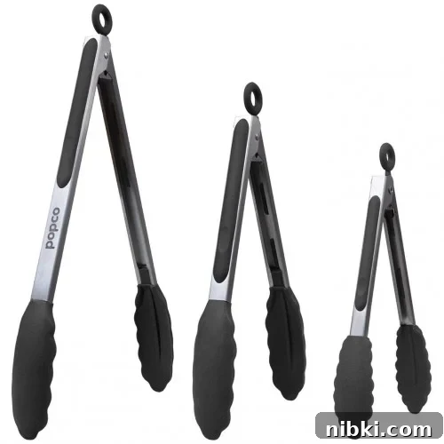 Three stainless steel kitchen tongs.