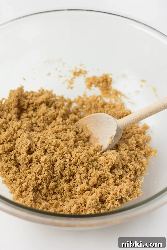 How to Make a Creamy Vegan Cheesecake 4 golden crumbs with a spoon in a glass bowl on white background
