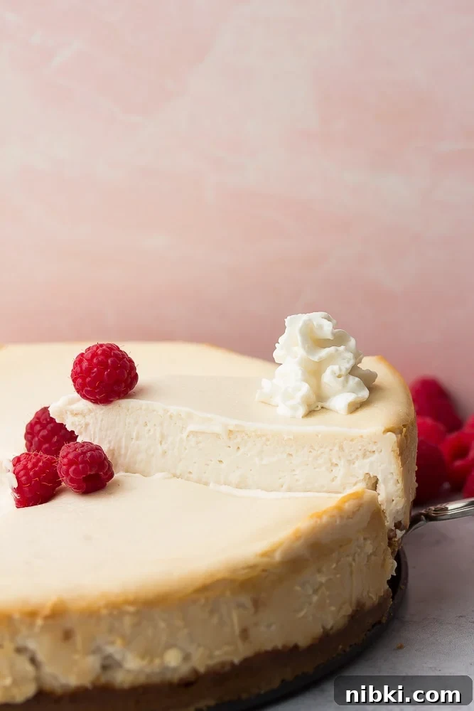 How to Make a Creamy Vegan Cheesecake 7 whole cheesecake with raspberries, slice being removed