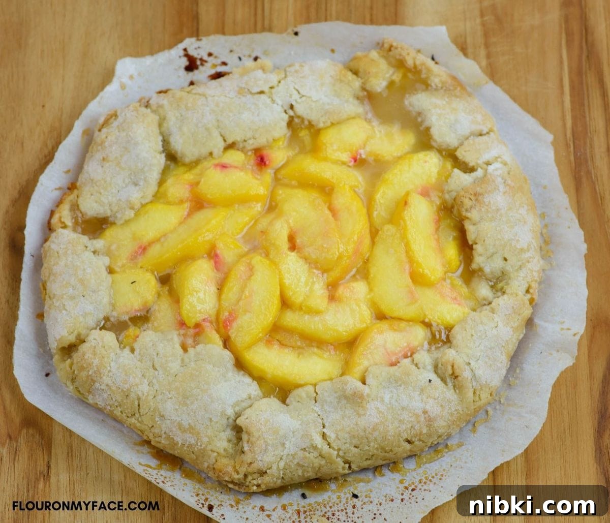 A freshly baked peach galette on a wooden cutting board.