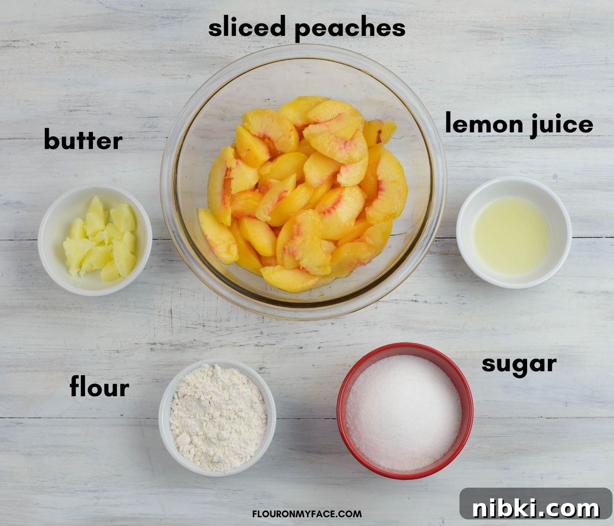 Rustic Peach Pie Ingredients in individual bowls.