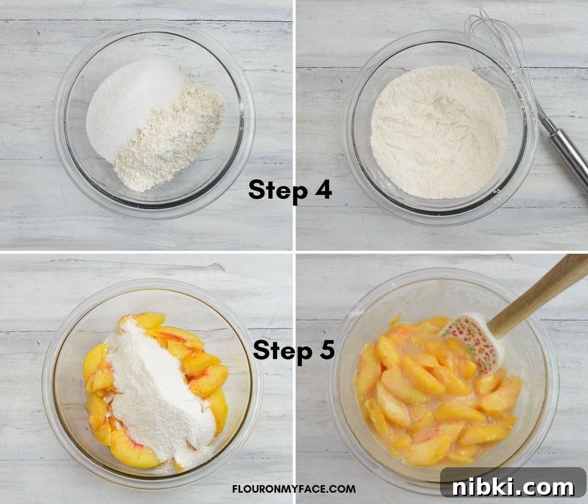 4 images showing the steps of mixing peach pie filling.