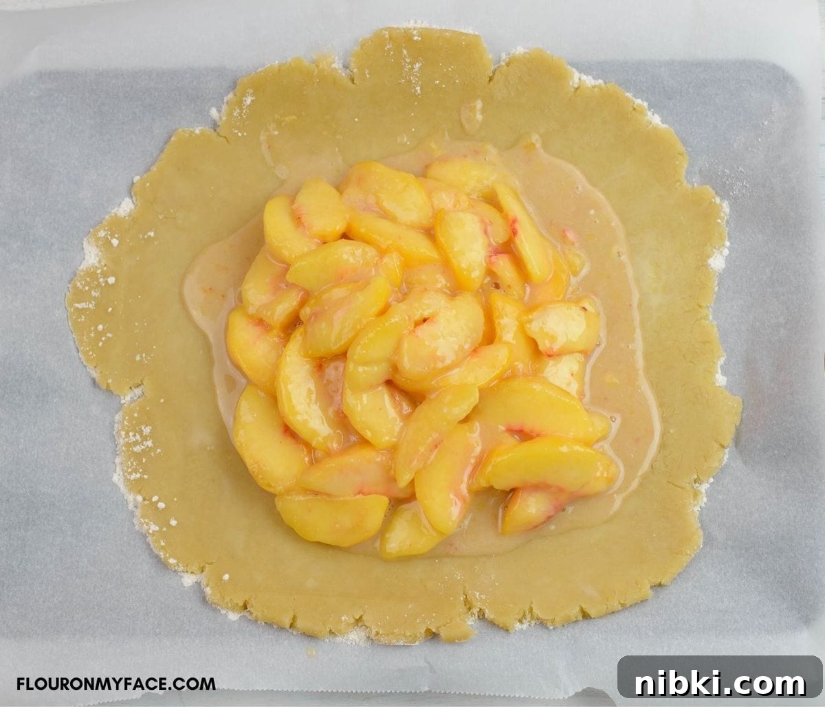 Flat pie crust with a mound of peach pie filling in the center.