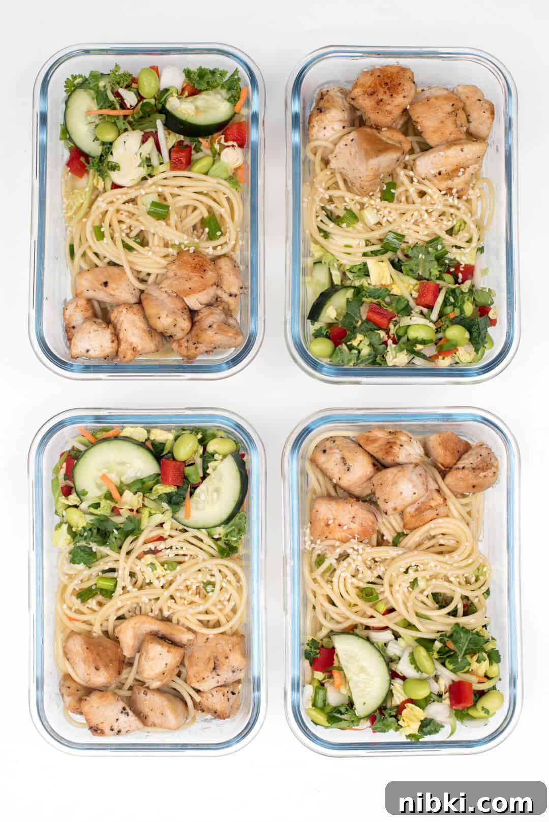 Four Thai Peanut Chicken Meal Prep Bowls shot from over the top.