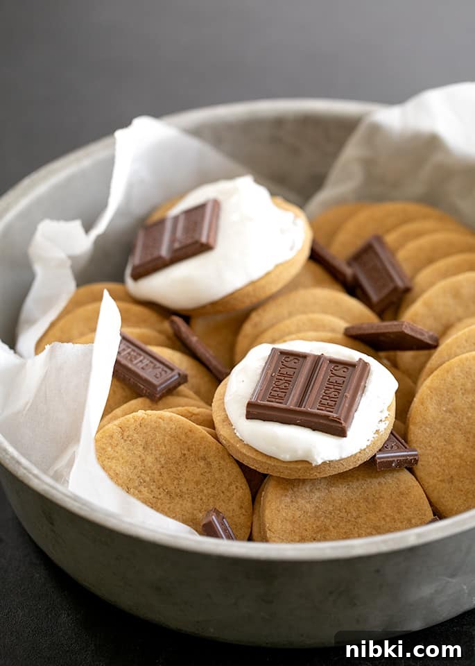 Round tin with graham cracker cookies with marshmallow fluff and chocolate
