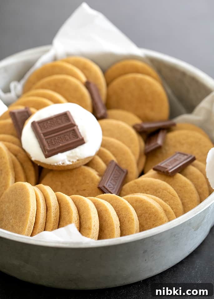Soft graham cracker rounds with pieces of chocolate and marshmallow fluff