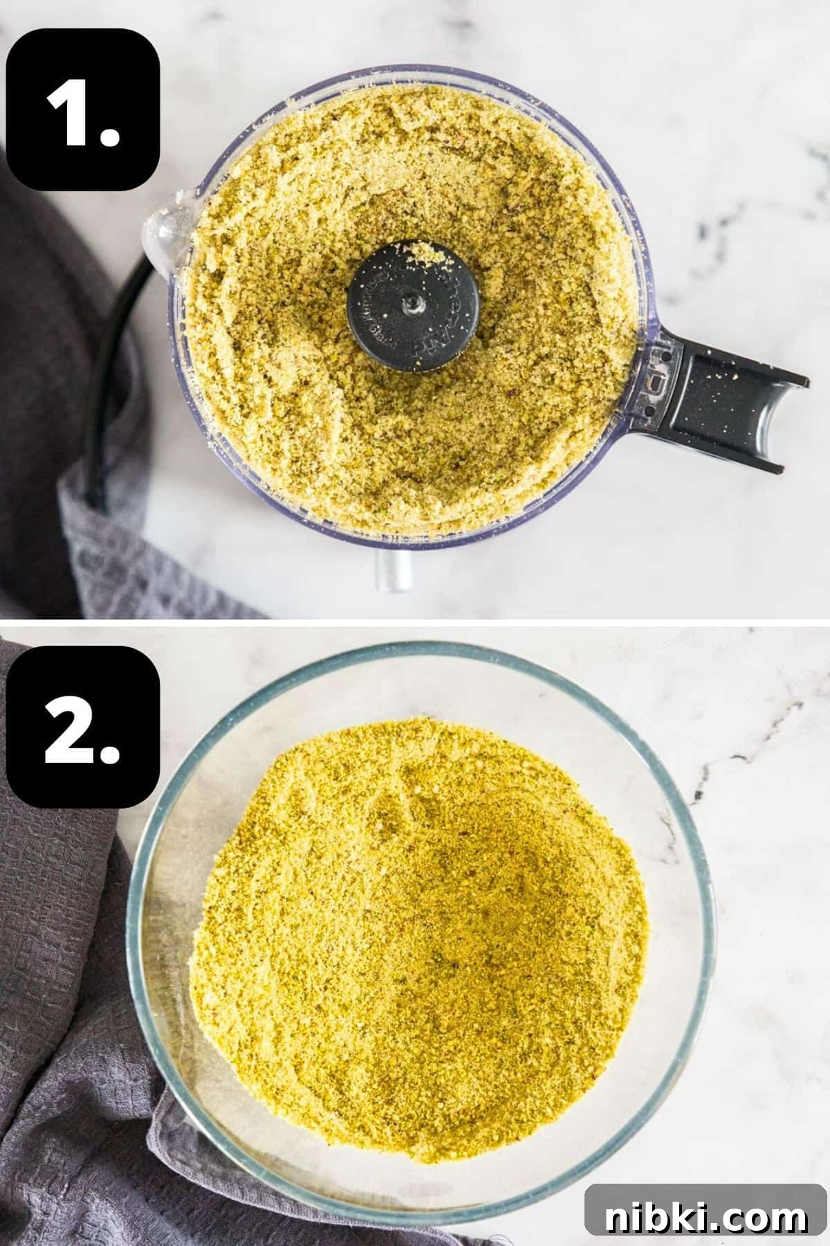 Decadent Flourless Pistachio Cake Recipe: Gluten-Free Dessert 5 Steps for preparing this recipe, showing nut grinding and batter in tin.