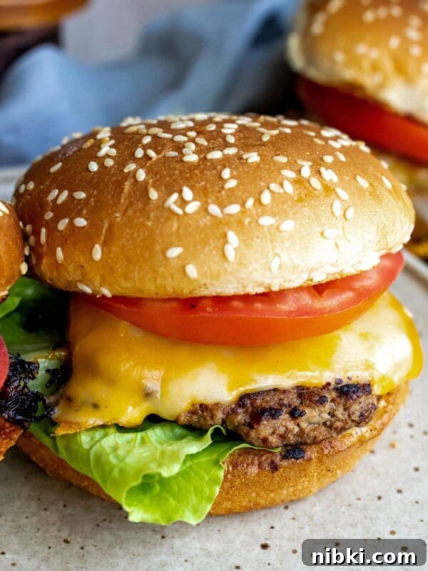 Burger on a white plate, up close.