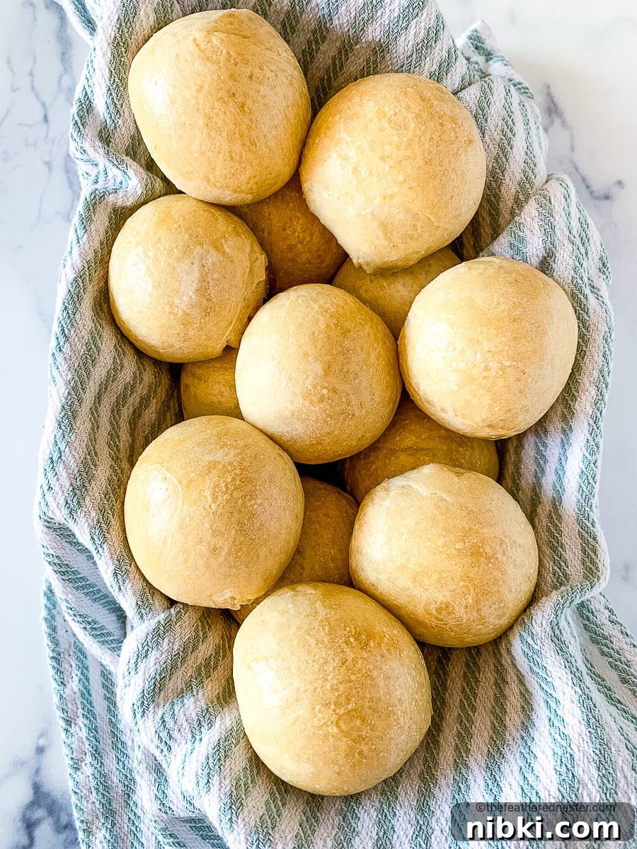 Top view photo of sourdough rolls on a striped kitchen towel.