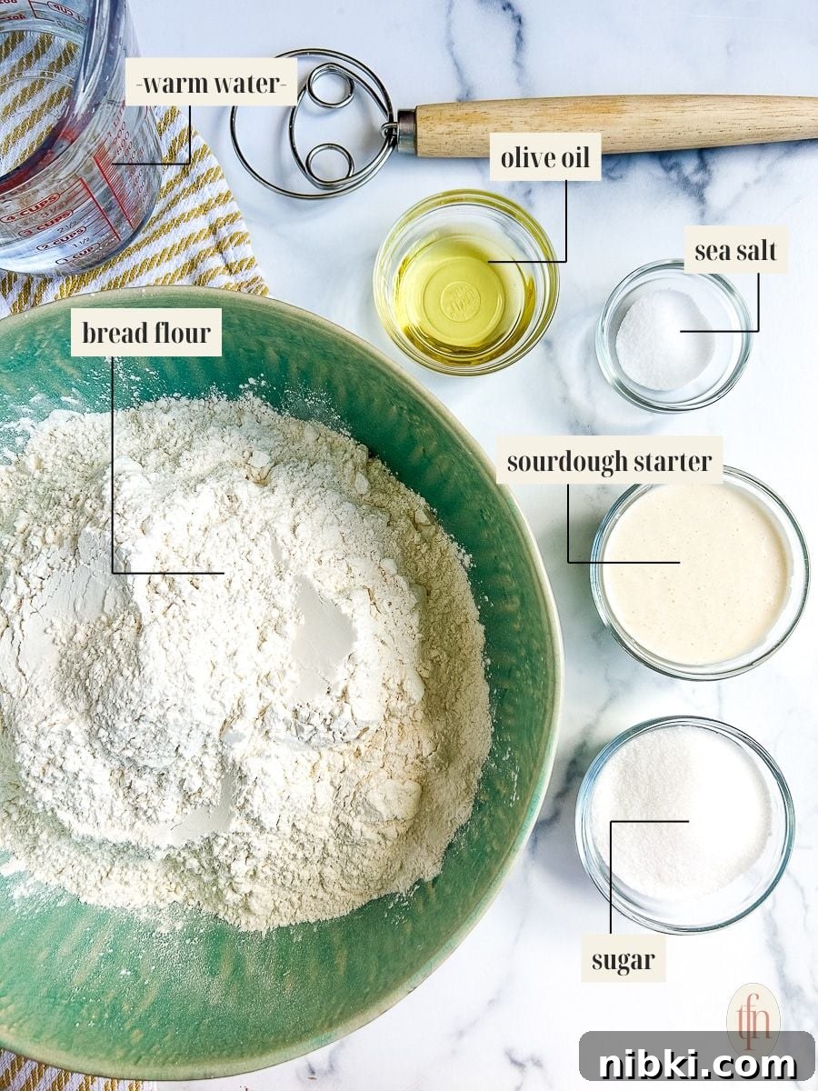 Labeled ingredient image for sourdough dinner roll recipe.