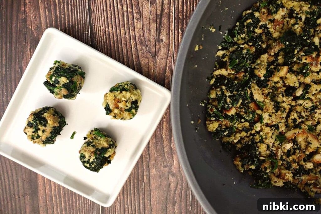Air Fryer Spinach Balls: Crispy Appetizer Recipe 7 four rolled spinach balls on a square plate to the left with the large bowl of mixture to the right