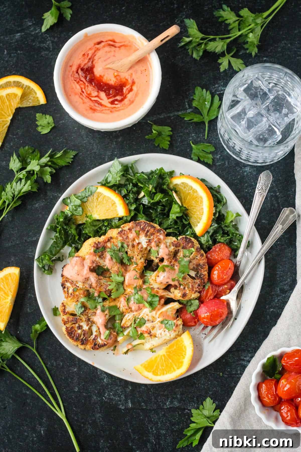 How to Make Crispy Vegan Roasted Cauliflower Steaks 2 One roasted cauliflower steak garnished with spicy yogurt sauce and chopped parsley on a plate with kale salad and tomatoes.