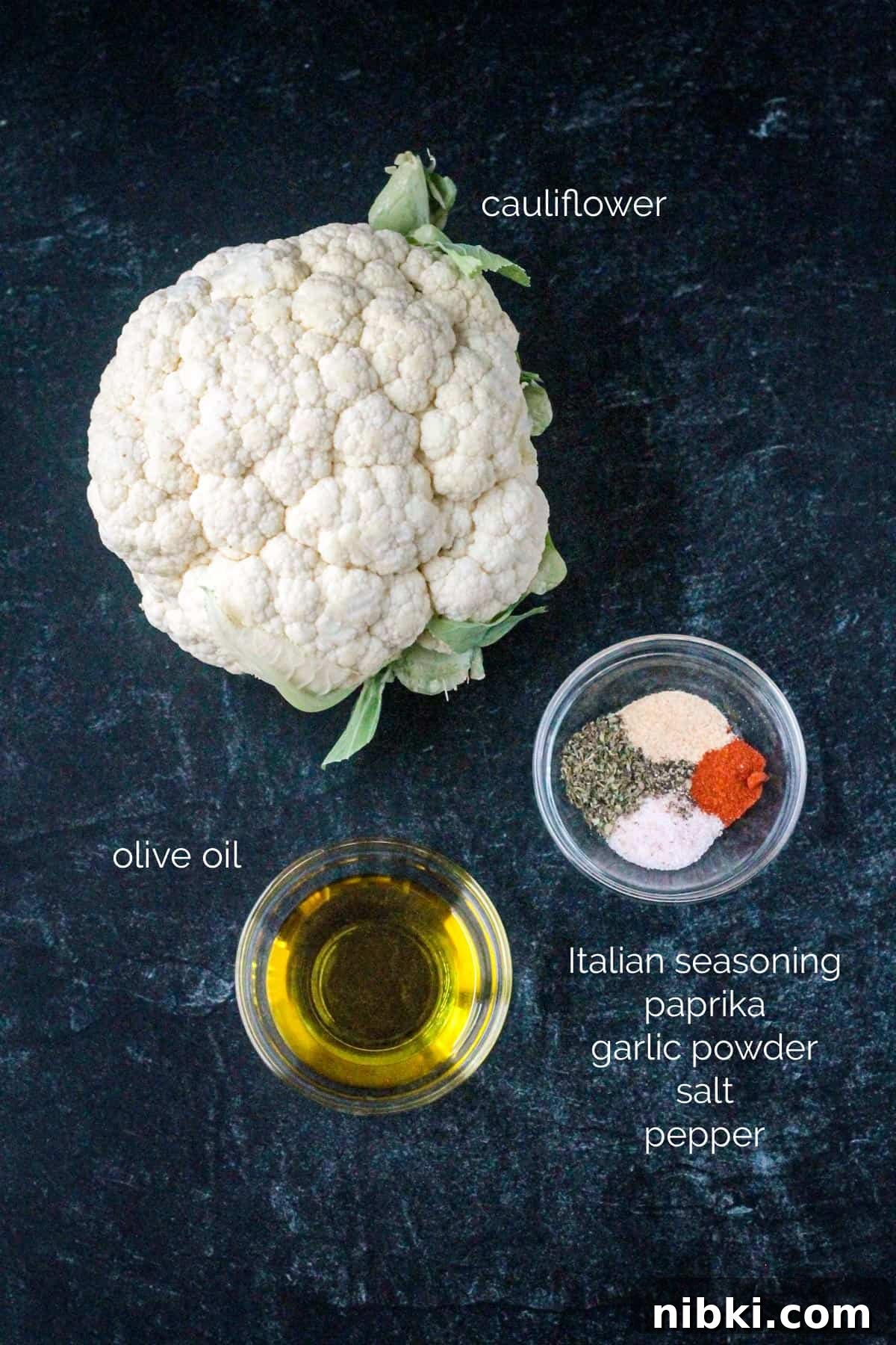 How to Make Crispy Vegan Roasted Cauliflower Steaks 3 Recipe ingredients arrayed in individual bowls.