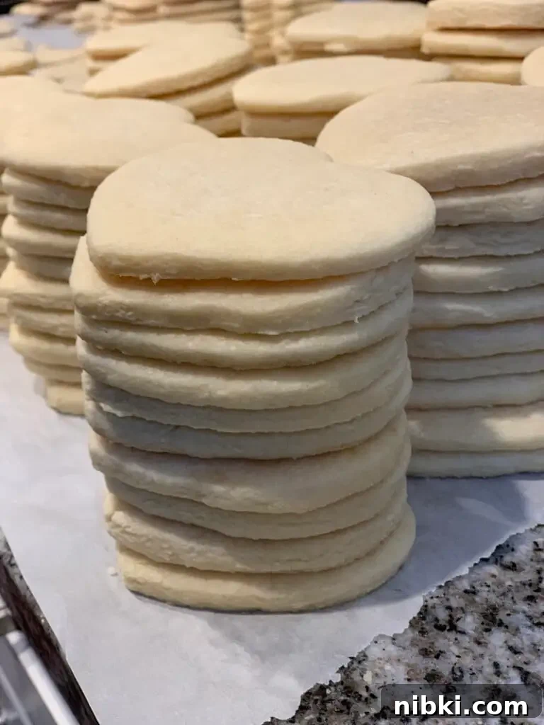 No-Chill Soft Sugar Cookies That Stay Tender and Chewy 11 Stacks of baked sugar cookies are lined up on parchment paper.