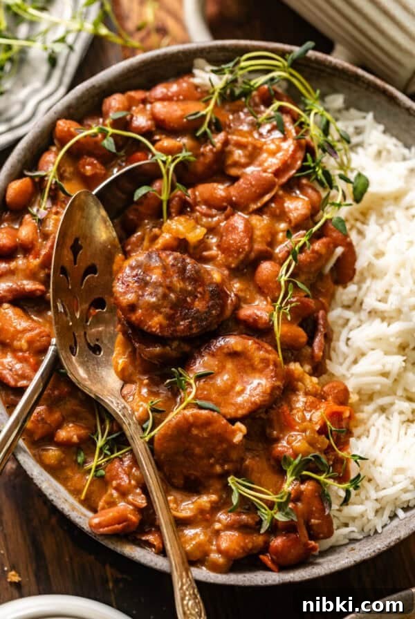 Authentic Louisiana Dirty Rice Recipe 7 overhead photo of cajun red beans and rice in a bowl with a spoon.