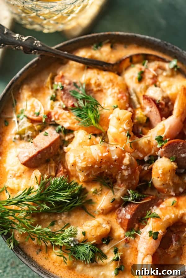 Authentic Louisiana Dirty Rice Recipe 8 shrimp and grits in a bowl with a spoon topped with parmesan and fresh herbs.