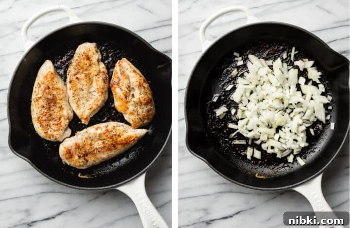 pan frying chicken and sauteing onions