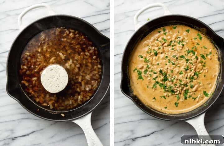 making boursin sauce in a skillet and adding in chicken