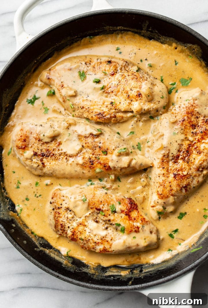 close-up of Boursin chicken in a skillet