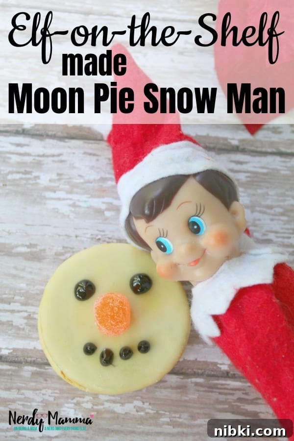 Elf on the Shelf Snowman Moon Pie Recipe 3 Snowman Moon Pie setup with Elf on the Shelf - simple holiday scene