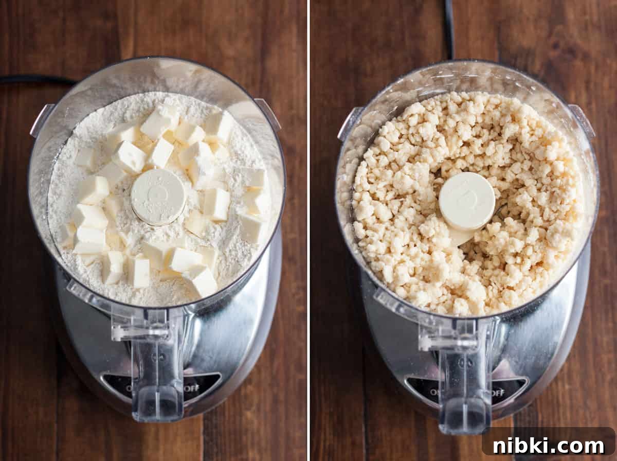 Collage of 2 photos showing pie dough being made in a food processor.
