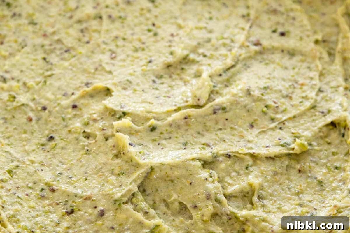 Close up photo of pistachio frangipane paste.