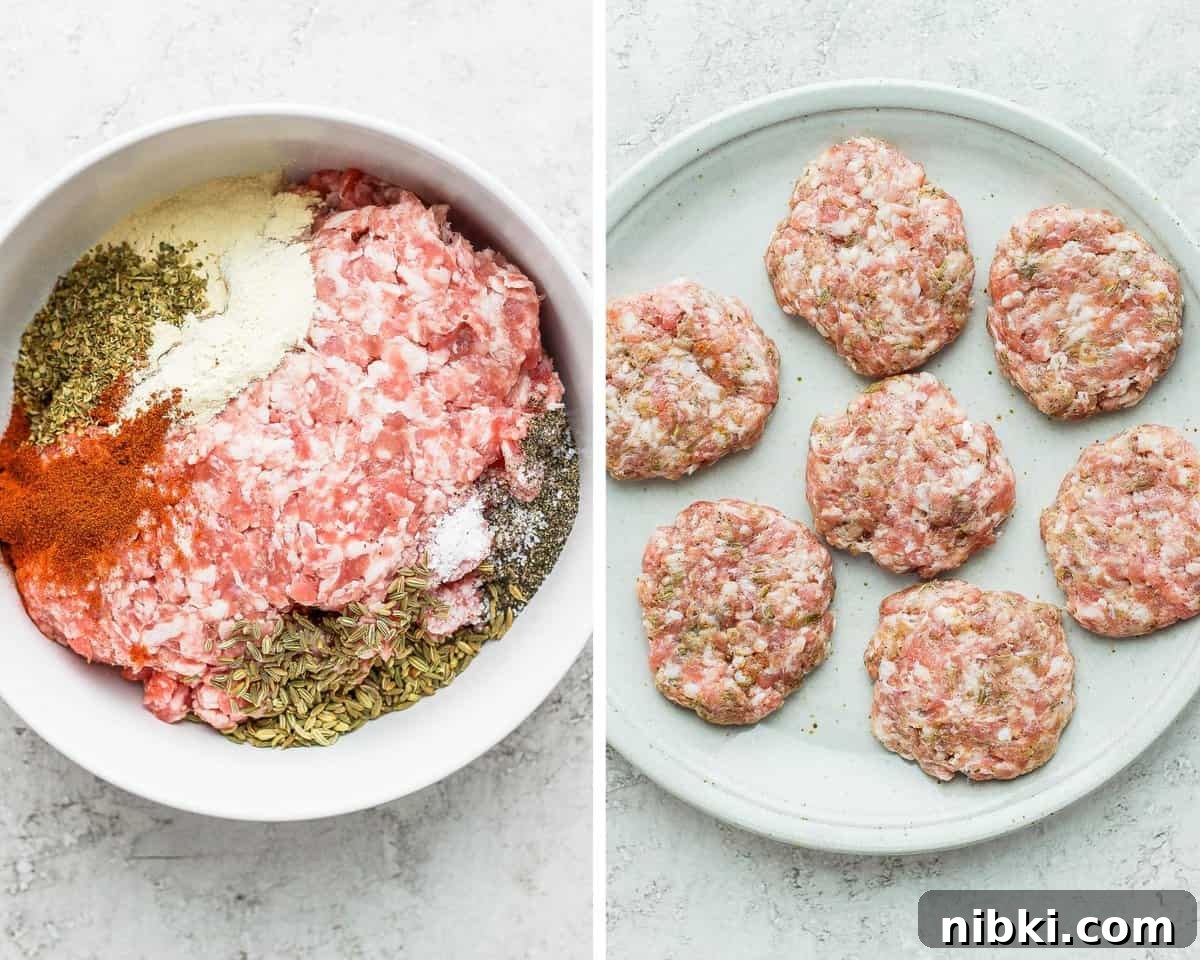 Two images showing the ingredients for breakfast sausage in one bowl and then made into small patties on a plate.