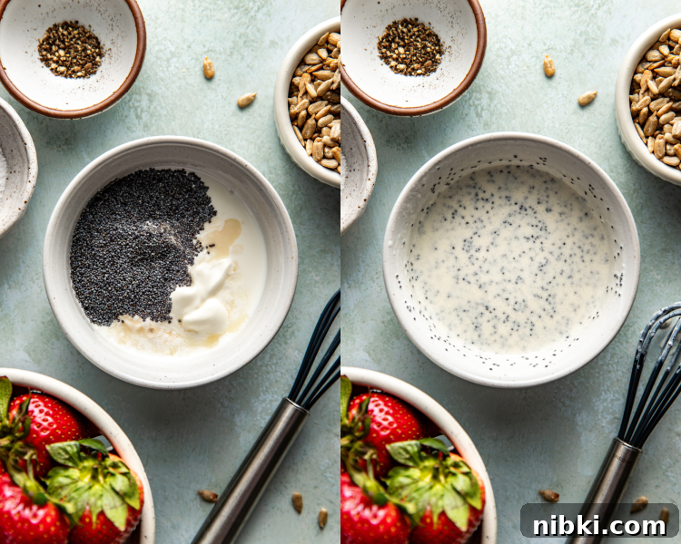 Making creamy poppyseed dressing before and after whisking.